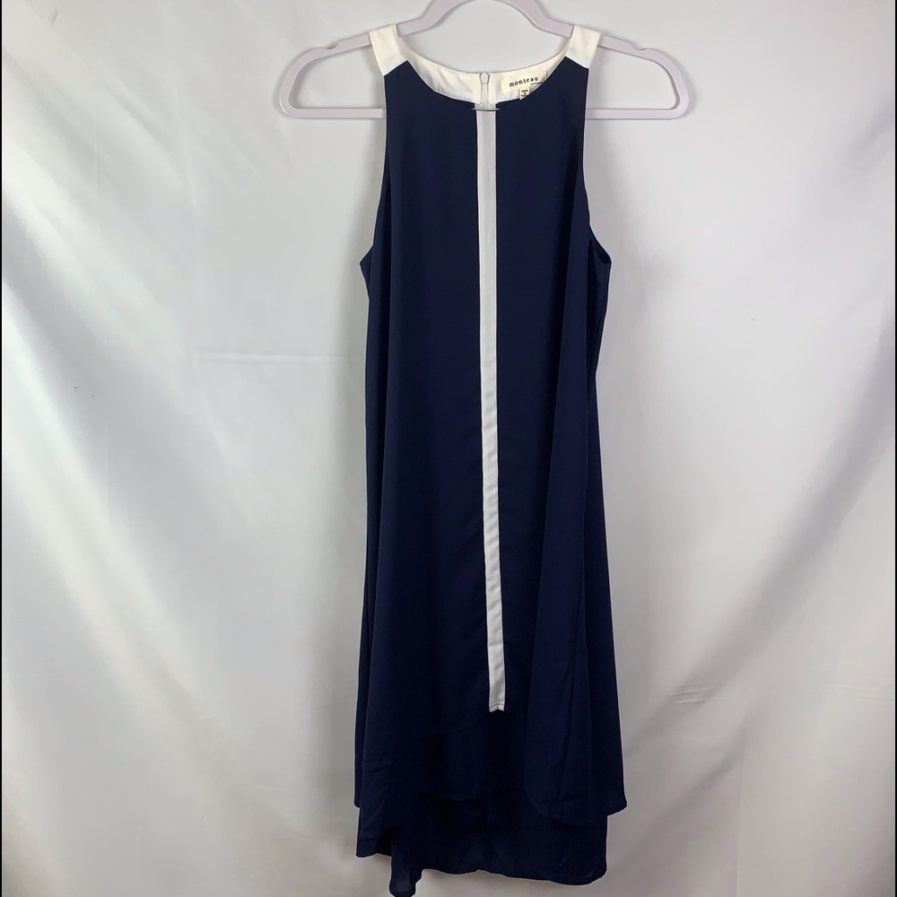 Monteau Los Angeles dress navy blue white Medium zip back high low lined